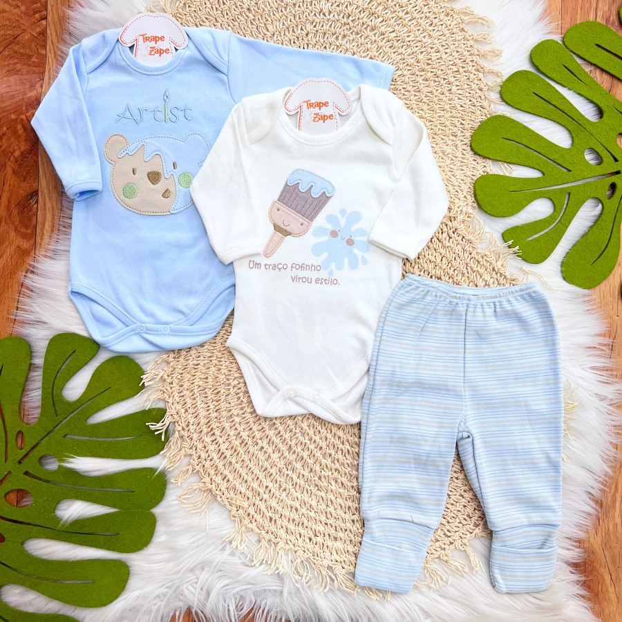 CONJ. DE MALHA 3 PEÇAS - Um Traço Fofinho Virou Estilo - Azul Bebê e Off White
